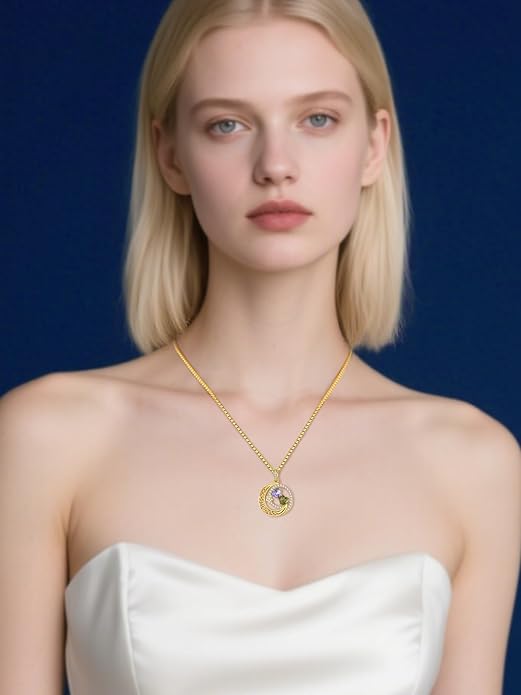 14K Gold Moon and Star Necklace Gifts for Women - Double Heart Birthstone Necklace, Valentines Wedding Anniversary Birthday Gifts for Her Wife Mom Daughter Grandma Sister