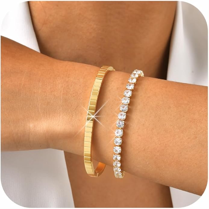 Stackable Gold Bracelets for Women - 2Pcs 18K Gold Plated Cubic Zirconia Bangle Bracelet Friendship Tennis Bracelet Stack Jewelry,Party Christmas Birthday Gifts for Her Girlfriend Sister Wife Daughter