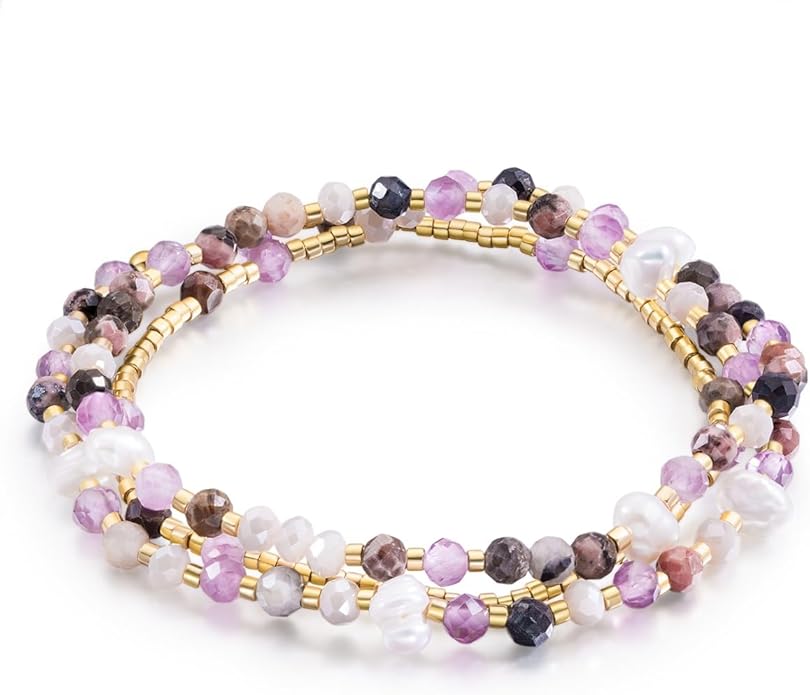 Beaded Bracelets Stack for Women Small Beaded Stretch Stone Bracelets Stackable Gemstone Crystal Dainty Boho 14K Gold Plated Beads Anklets Necklace Summer Jewelry for Women
