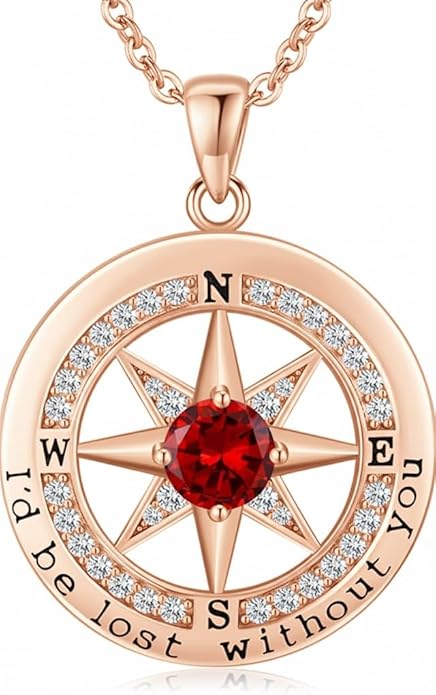 Compass Necklace for Women Wife Girlfriend Mom Daughter Gifts S925 Sterling Silver Jewelry For Anniversary Rose Gold Gifts For Birthday Christmas Mothers Valentines Day 12 Birthstones