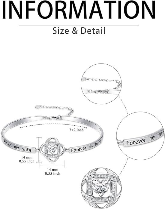 Valentines Day Gifts for Her, 18k White Gold Plated Love Knot Bracelets, Engraved Inspirational and Sentiment Bangle, Anniversary Birthday Jewelry Gift for Lover Wife Girlfriend Sister Friends