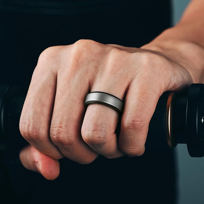 Egnaro Silicone Rings for Men 1/4/5/6/7 Multipack of Breathable Mens Silicone Rubber Wedding Rings Bands - Step Edge