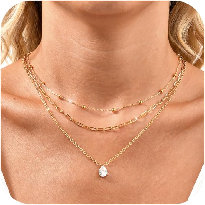 KSF Layered Gold Necklaces for Women - 18K Gold Plated 3PCS Dainty Simple Stackable Choker Necklace, Cubic Zirconia Pendant Necklace Trendy Jewelry Gift Set for Women