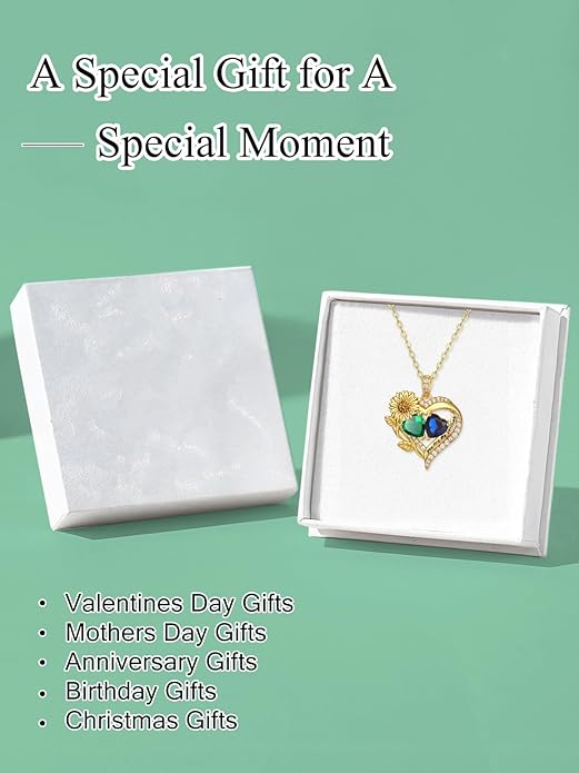 Sunflower Heart Necklace for Women 14K Gold Exquisite Valentines Day Anniversary Birthday Gifts for Wife Mother Her Double Birthstone Pendant Jewelry‘You Are My Sunshine’