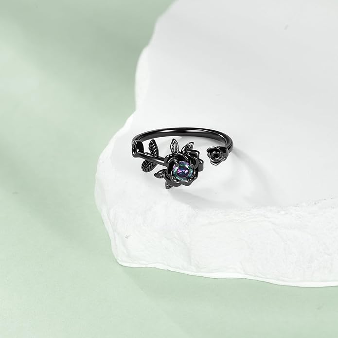 POPLYKE Rose Black Flower Ring For Women Sterling Silver Rings With CZ Jewelry For Women Promise Ring Adjustable Open Ring