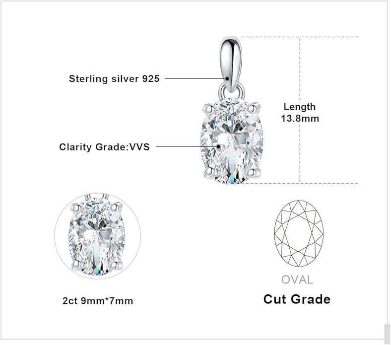 JewelryPalace Oval Cut 1ct 2ct Cubic Zirconia Solitaire Pendant Necklace for Women, 925 Sterling Silver Necklaces for Her, Classic Simulated Diamond Jewelry Set Gift, 18 Inches Chain