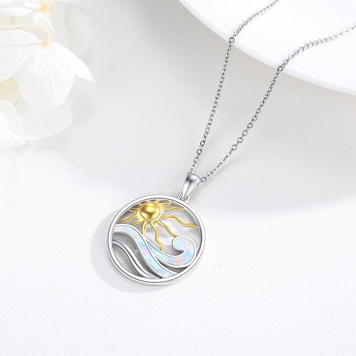 Midir&Etain Ocean Necklace 925 Sterling Silver Blue Opal Necklace Starfish/Flip Flop/Shark Pendant Beach Ocean Jewelry for Women