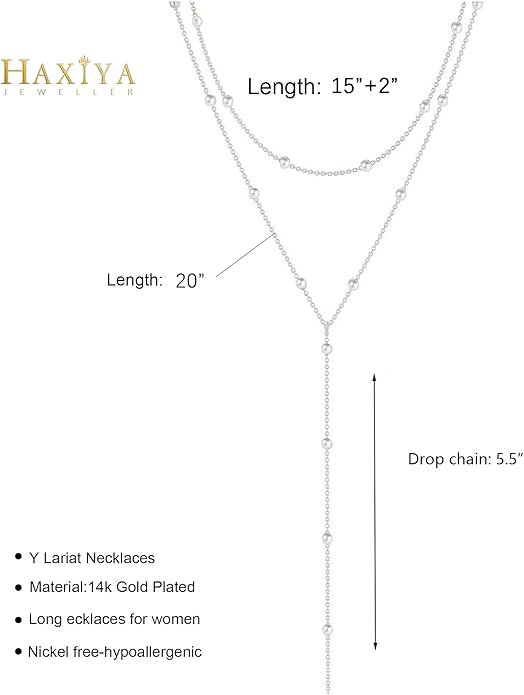 Lariat Gold Necklace for Women Dainty Long Necklace 14k Gold Plated/Silver Y-Shaped Pendant Drop Chain Trendy Layered Pearl/Beaded/CZ Necklaces Simple Gold Jewelry For Women Gift