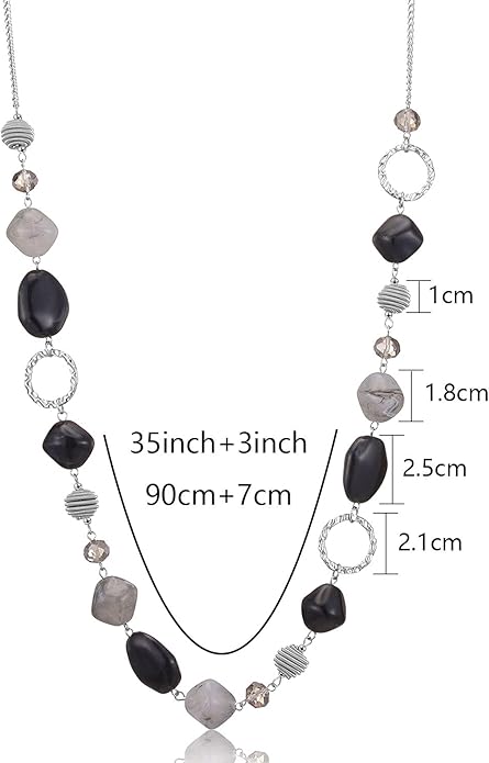 BULINLIN Beaded Long Necklace for Women Silver Sweater Chain Necklace with Crystal Resin Beads, Fashion Jewelry Necklace