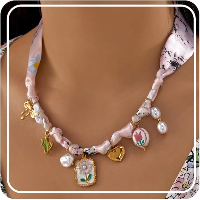 RINHOO FRIENDSHIP Silk Scarf Necklace for Women - Adjustable Boho Vintage Bandana Choker with 18K Non-Tarnish Gold Charms (Assorted Pendants & Patterns) Layered Jewelry Gift Box