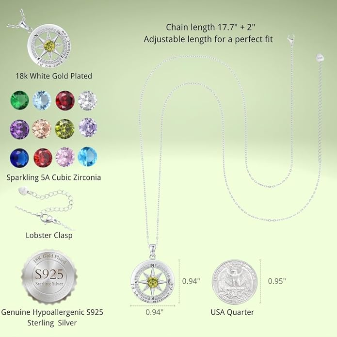 Compass Necklace for Women Wife Girlfriend Mom Daughter Gifts S925 Sterling Silver Jewelry For Anniversary Rose Gold Gifts For Birthday Christmas Mothers Valentines Day 12 Birthstones