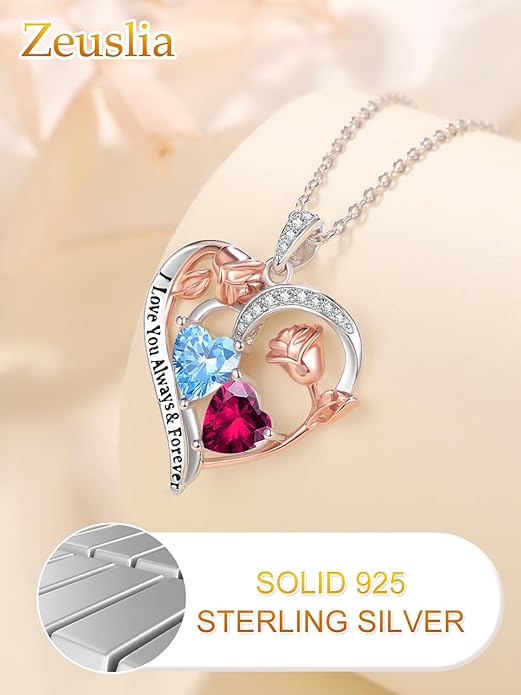 Valentine's Day Gifts for Wife 925 Sterling Silver Double Birthstone Pendant Necklaces I Love You for Always and Forever Necklace Anniversary Birthday Gifts for Wife Girlfriend Mom Her