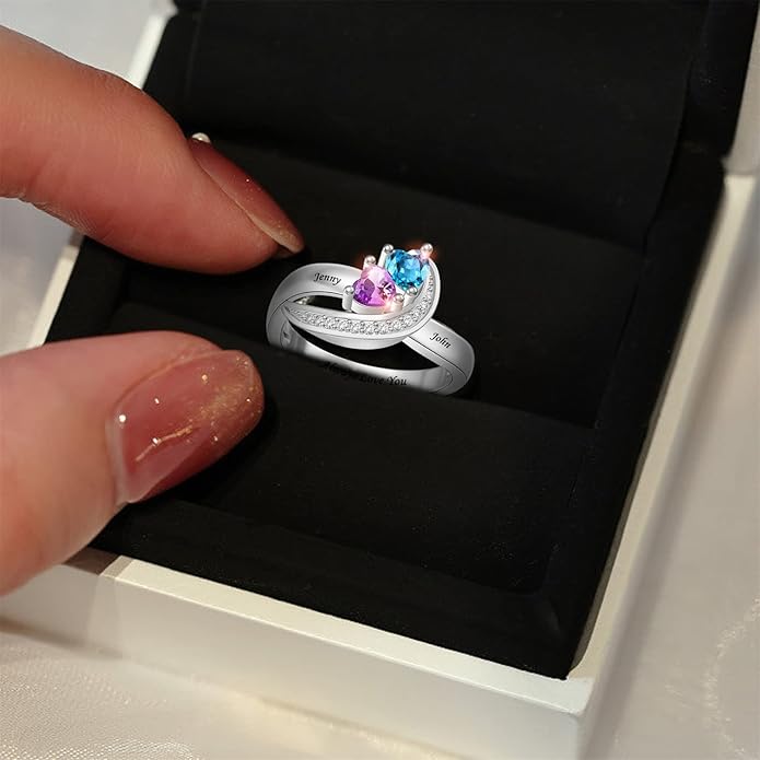 Personalized Heart Birthstone Rings for Women with 2 Birthstones Custom Name Rings for Couple Mother Daughter Jewelry Gift for Mother Her Christmas