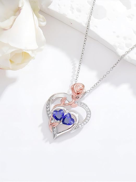Rose Flower Heart Pendant for Women Birthday Gifts 18k Gold Plated Mother Daughter Necklace with 12 Months Birthstone Christmas Valentines Day Gifts for Her Mom Anniversarry Jewelry for Mom Wife Girlfriend