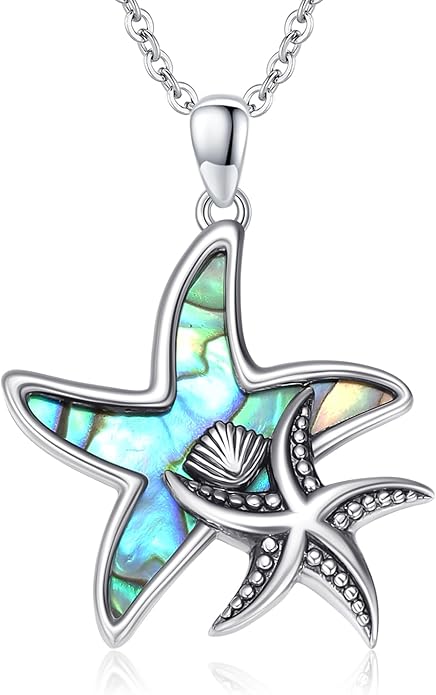 Cuoka Starfish Necklace 925 Sterling Silver Abalone Double Seashell Ocean Sea Beach Star Pendant Necklaces Ocean Jewelry for Women Bestfriend Summer Holiday Graduate Gift