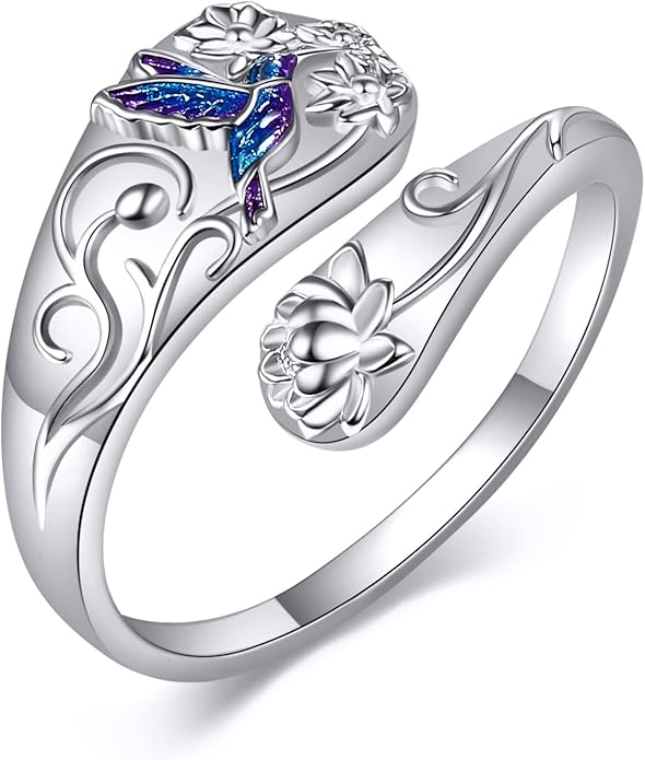 Spoon Rings 925 Sterling Silver Adjustable Hummingbird/Shark/Daisy/Tree Of Life/Dragonfly/Witches Knot/Sea Turtle Ring Thumb Rings Birthday Jewelry Gifts for Women Mother