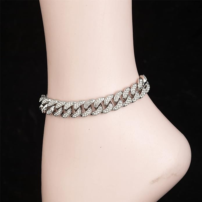 kelistom Cuban Link Rhinestone Filled Gold Box Chain Anklet for Women, Punk Hip-hop Ankle Bracelets, Length Adjustable