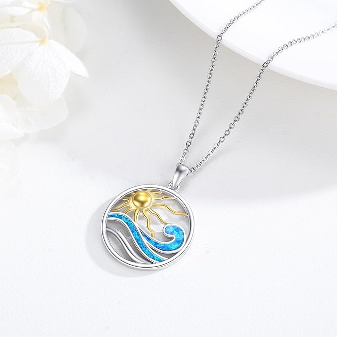 Midir&Etain Ocean Necklace 925 Sterling Silver Blue Opal Necklace Starfish/Flip Flop/Shark Pendant Beach Ocean Jewelry for Women