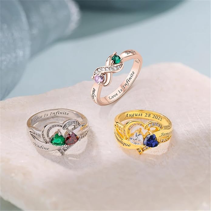 Personalized Heart Birthstone Rings for Women with 2 Birthstones Custom Name Rings for Couple Mother Daughter Jewelry Gift for Mother Her Christmas