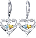 Valentines Day Gifts for Women, Heart Leverback Earrings Double Birthstone Dangle Earrings for Women, Love Jewelry for Her, Anniversary Birthday Gift for Mom Wife Girlfriend