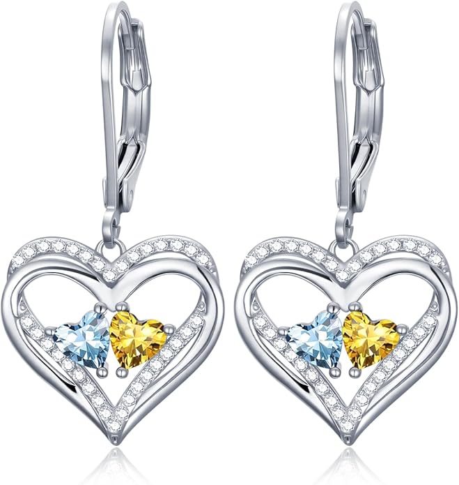 Valentines Day Gifts for Women, Heart Leverback Earrings Double Birthstone Dangle Earrings for Women, Love Jewelry for Her, Anniversary Birthday Gift for Mom Wife Girlfriend