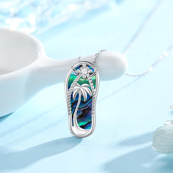 Midir&Etain Ocean Necklace 925 Sterling Silver Blue Opal Necklace Starfish/Flip Flop/Shark Pendant Beach Ocean Jewelry for Women