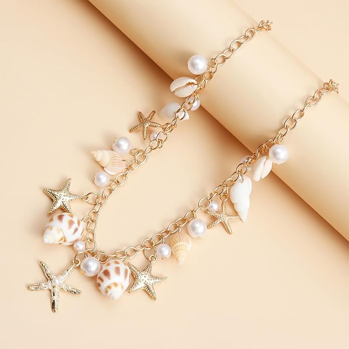 Gold Sea Shell Necklace Layered Charm Necklace for Women Boho Summer Seashell Beach Starfish Necklaces 14k Pearl Chain Surfer Jewelry Beach Vacation Essentials