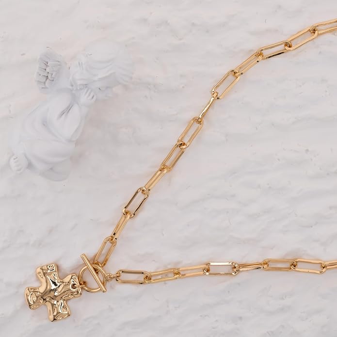 Gold Chunky Cross Necklace for Women - Statement Layered Hammered Cross Pendant Jewelry with Vintage Toggle Clasp, Bold Paperclip Chain Necklace Gift for Her