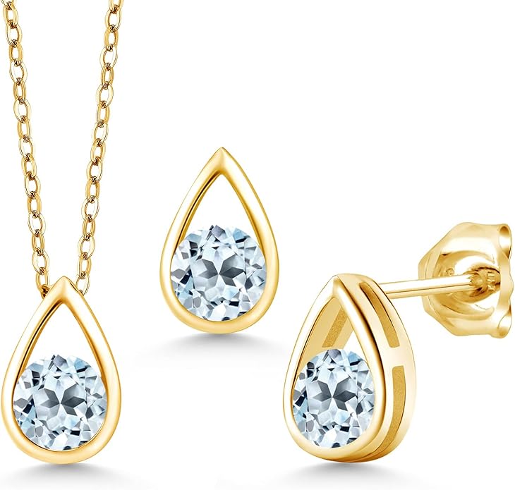 Gem Stone King 18K Yellow Gold Plated Silver 5MM Round Gemstone Birthstone Teardrop Pendant Earrings Set | Jewelry Set for Women | With 18 Inch Chain