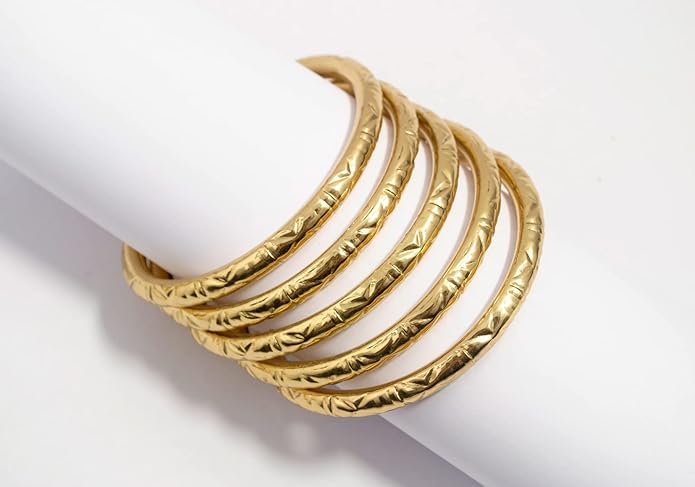Pure Hands Handmade Brass Pipe Bangle Set – Embossed Round Bangles in Golden Finish with Abstract Design – Tarnish Resistant PU Coated – Sine qua non Collection Jewelry