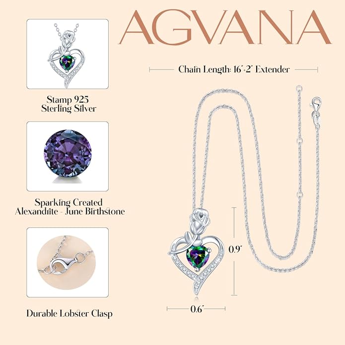 AGVANA Valentines Day Gifts Rosy Reverie Birthstone Necklace for Women Sterling Silver Genuine or Created Gemstone Rose Flower Heart Pendant Necklace Anniversary Birthday Gifts for Women Mom Wife Her