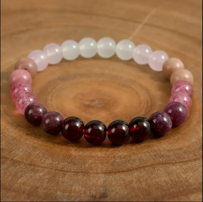Valentines Day Gift Love Energy Crystal Bracelet for Women – Garnet, Quartz, Rose Quartz, Rhodonite & Moonstone | Gifts for Easter Basket, Birthday, Mothers Day Healing Gemstone Bracelet Gift for Her