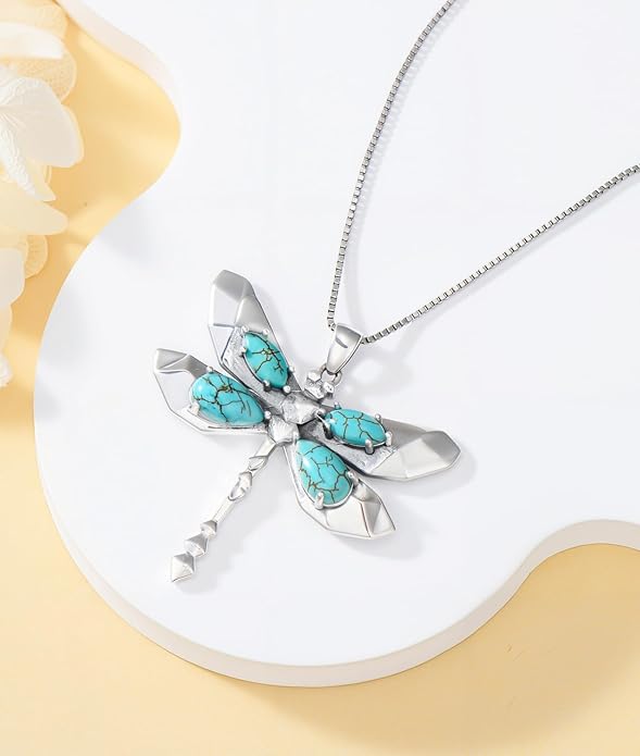 Genuine Turquoise Dragonfly Boho Necklace, Sterling Silver Vintage Native American Western Jewelry Birthdays Gift for Women