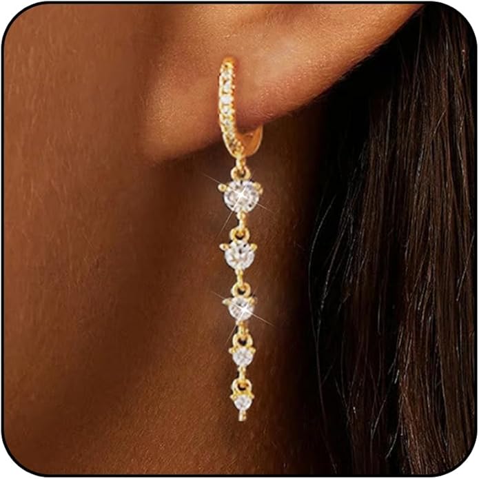 14K Gold Plated Dangle Earrings for Women Dainty Silver Drop Earring Trendy Small Long Dangling Wedding Bridesmaid Hoop Diamond Crystal Cute Earring Jewelry Valentine Gifts