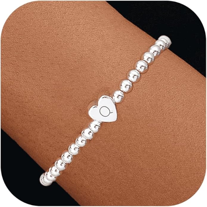 Valentines Day Gifts for Women Her - Dainty Beaded Heart Initial Bracelets Letter A-Z Charm Stretch Bead Ball Bracelet Trendy Jewelry Gifts