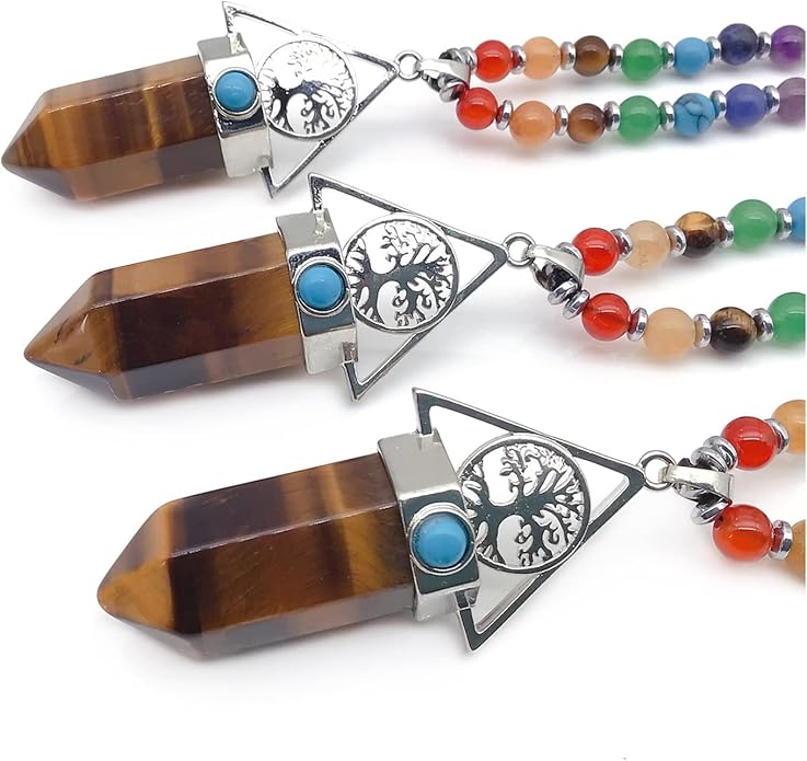 EDEN'S CALL Tree of Life 7 Chakra Stone Beads Necklace for Women and Men Hexagonal Crystal Point Pendant Necklace