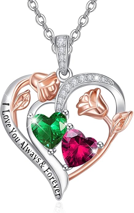 Valentine's Day Gifts for Wife 925 Sterling Silver Double Birthstone Pendant Necklaces I Love You for Always and Forever Necklace Anniversary Birthday Gifts for Wife Girlfriend Mom Her