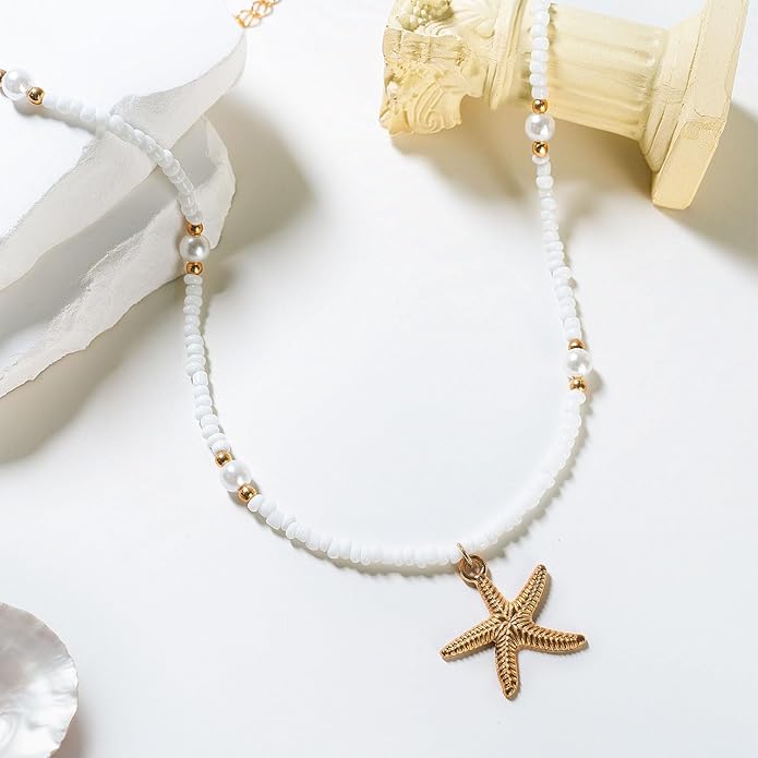 Women's Shell Starfish Boho Layered Beaded Necklace Choker for Summer Beach Vacation Gifts for Birthday/Anniversary/Christmas
