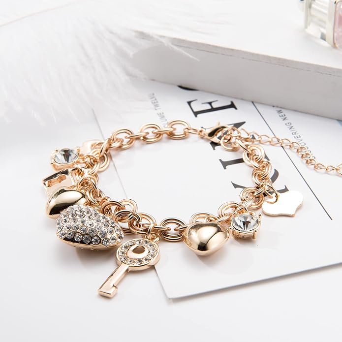 SILANER Gold Chain Link Bracelet - 7"+ 2" Extender 14K Gold Plated Love Locked Bracelets for Women, with Crystal, Love Heart,Key, Lock, Charm Bracelet