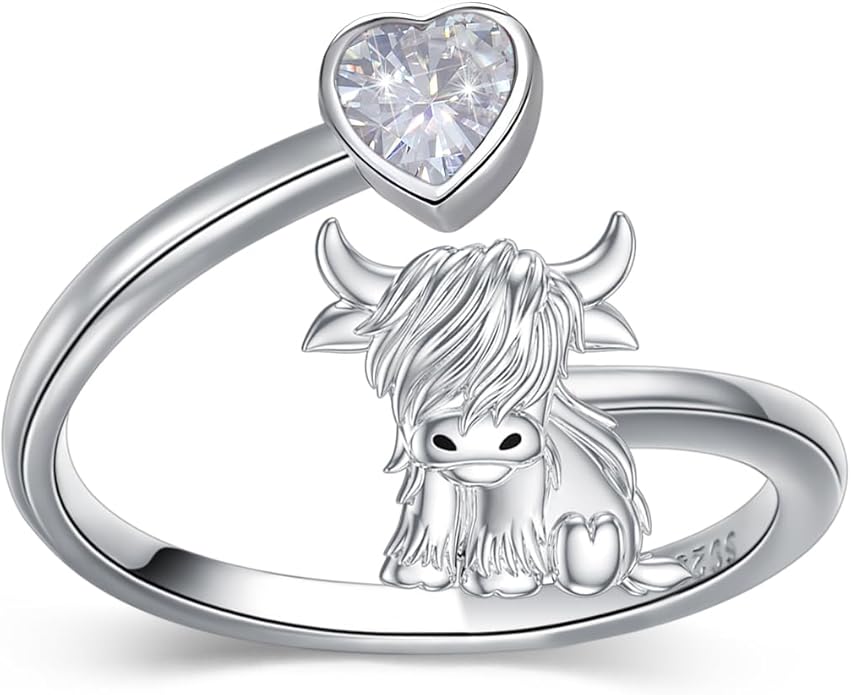 Highland Cow Ring 925 Sterling Silver Adjustable Ring Birthstone Ring Engraved Name Highland Cow Gifts Jewelry for Women