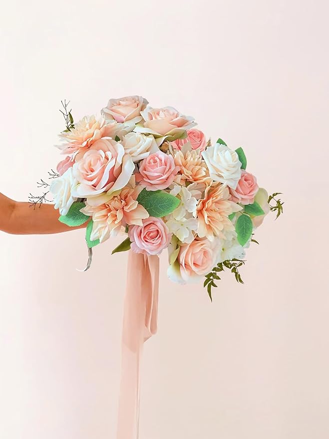 FACINOC Roses Artificial Flowers Peach Pink Bouquet Fake Flower Box Set | DIY - Image 5