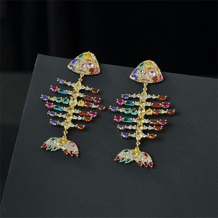 Gold Colorful Acrylic Rhinestone Fishbone Earrings Exaggerated Fish Animal Long Pendant Earrings Metal Studs Jewelry for Women Gift