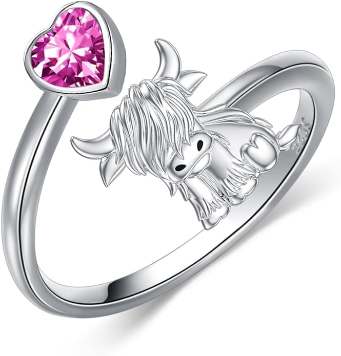 Highland Cow Ring 925 Sterling Silver Adjustable Ring Birthstone Ring Engraved Name Highland Cow Gifts Jewelry for Women