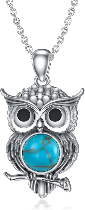 Turquoise Owl Necklace 925 Sterling Silver Genuine Turquoise Cute Animal Owl Pendant Western Boho Jewelry Gifts for Women