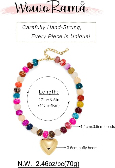 WOWORAMA Chunky Heart Necklaces for Women Colorful Resin Beaded Choker Necklace Gold Puffy Heart Statement Necklace Trendy Acrylic Choker Jewelry