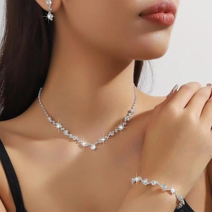 Bling Silver Jewelry Set for Women Trendy Wedding Jewelry Sets for Brides Sparkly Cubic Zirconia Necklace Earring Sets for Women Prom Accessories