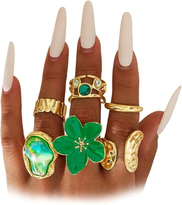 Gold Chunky Baroque Pearl Flower Rings Set,Hammered Open Adjustable Colorful Crystal Knuckle Finger Ring,Punk Party Jewelry Accessories Gift for Women