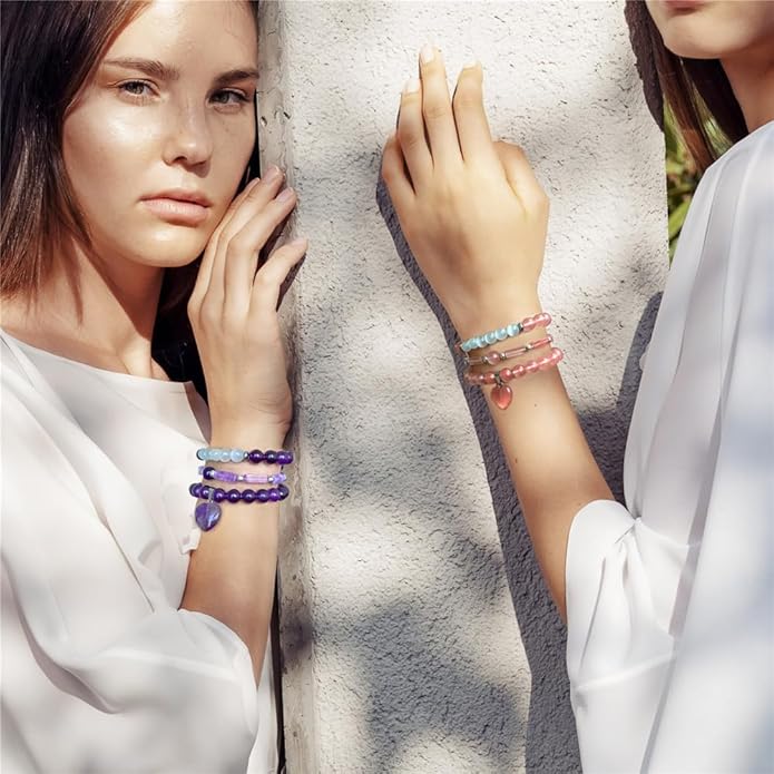 Healing Crystal Beaded Bracelets for Women,Natural Amethyst Gemstones Bracelet,Anxiety Stress Relief Heart Charm Bracelet Handmade purple Jewelry Gifts for Women
