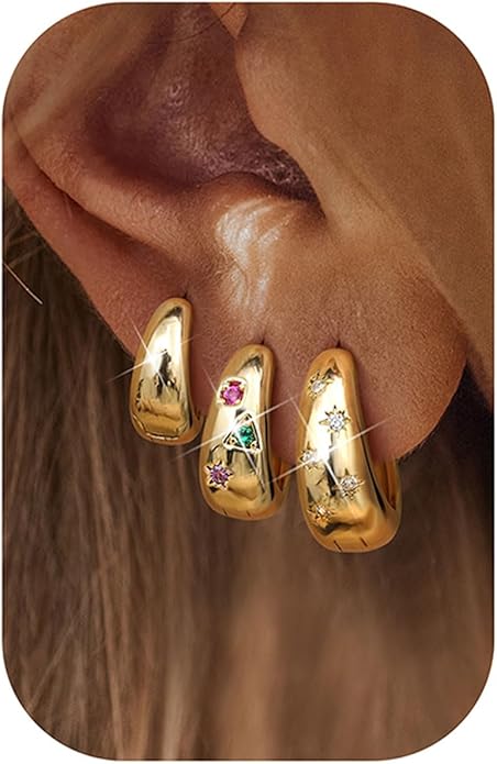 14K Gold Plated Hoop Earrings Set for Women - 3Pairs Chunky 14K Gold Plated Silver Huggie Earrings Small Earrings Lightweight Hypoallergenic MultiColored CZ Hoop Earrings Stacks for Multiple Piercing