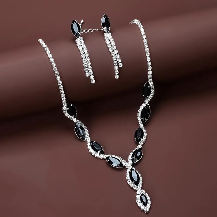 Silver Rhinestone Prom Jewelry Set for Women,Black Glitter Crystal Chain Choker Necklace Cz Drop Earring for Wedding Bridal,Formal Costume Accessories